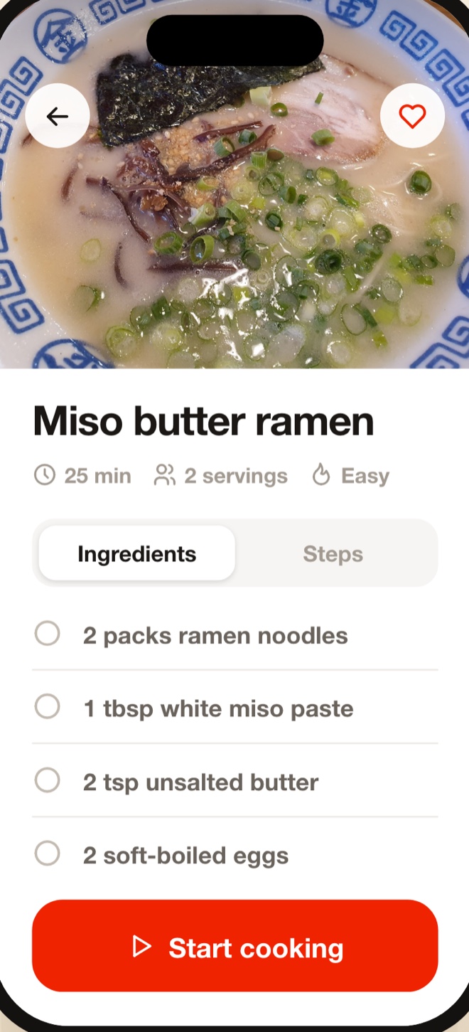 MoguPort recipe detail screen with ingredient checklist and steps