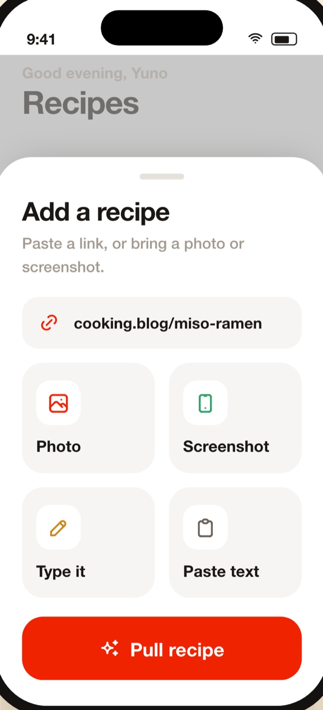 MoguPort add-recipe screen with link, photo, screenshot, and manual entry options